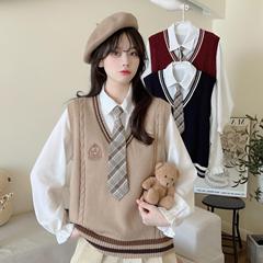 色の半袖のニットのセーターの女性の学院の風は色のvネックのベストの早秋の上着の新型の女性の馬の挟みにぶつかります。