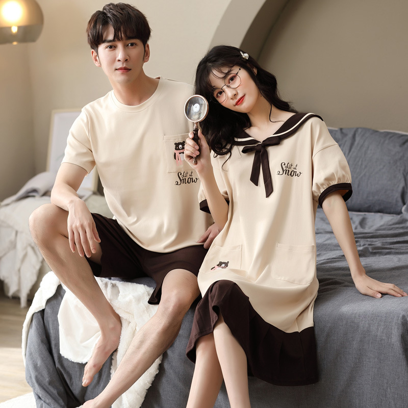 Couple Summer Pajamas Nightgown Female Cartoon Pure Cotton Male Short-Sleeved Shorts Bear Popular New Men's and Women's Home Clothes