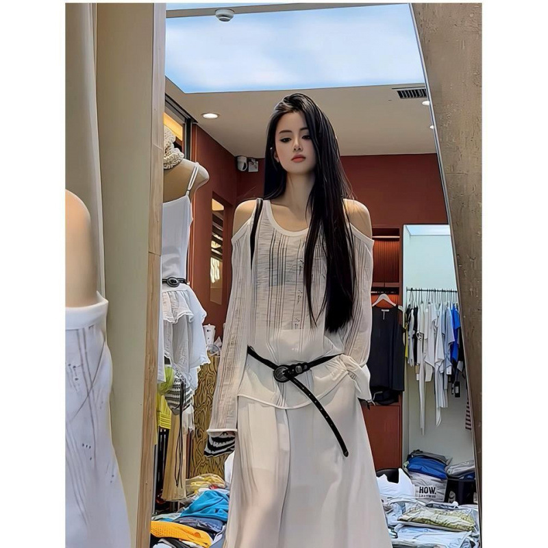 韓国風デザインオフショルダーカジュアルファッションTシャツレディース夏新作ゆったり薄手微透け日焼け止めツーピースセット女性用|undefined