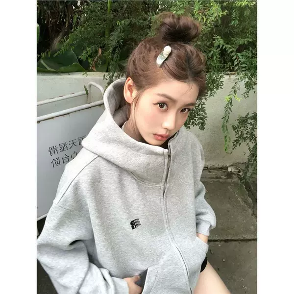 Cool and trendy high street [letter embroidery] American sweet and cool high-neck hooded sweatshirt for women, autumn loose cardigan jacket