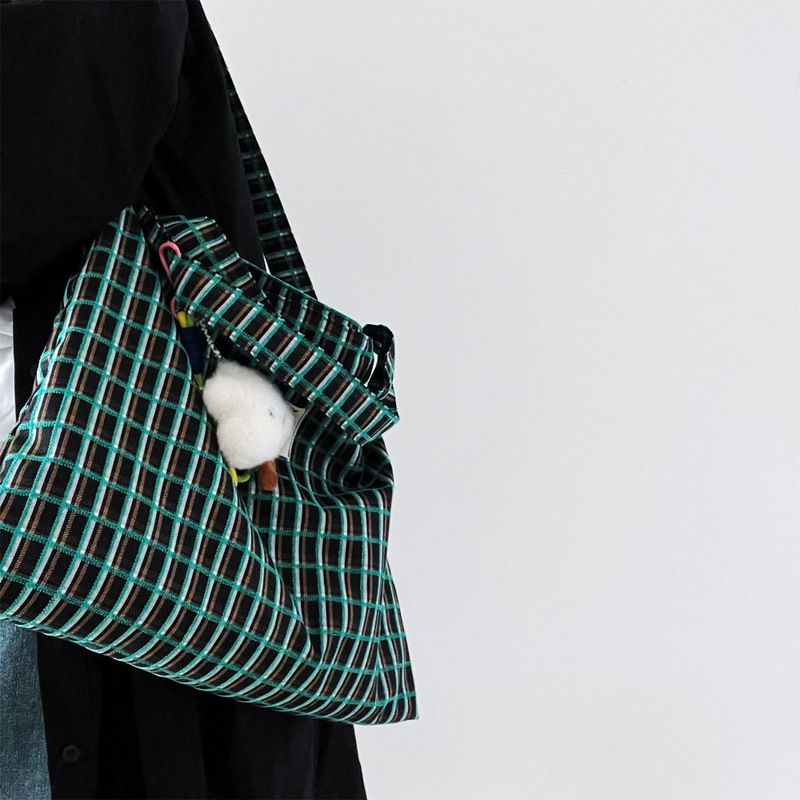 Spring Jacquard Green Plaid Color Contrast Shoulder Bag Large Capacity Crossbody Bag Handbag Commuter Niche Design Canvas