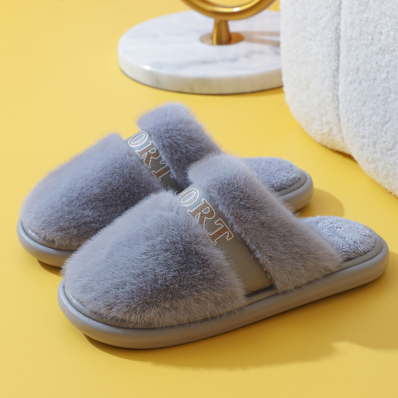 thumbnail image 1 of Nuevas zapatillas peludas de suela gruesa con zapatillas de algodón con lazo para parejas de mujeres invierno Otoño e Invierno hogar cálido y antideslizante, 1 of 5