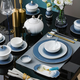 Hotel Club High-End Bone China Gold-Rimmed Gradient Gray Glaze Medium-Color Exquisite Ceramic Plates, Dishes, Cups, Tableware Sets