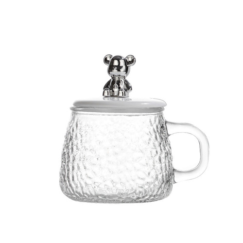 Hammered bear glass coffee cup simple ins style women's water cup with handle and lid breakfast cup transparent tea cup
