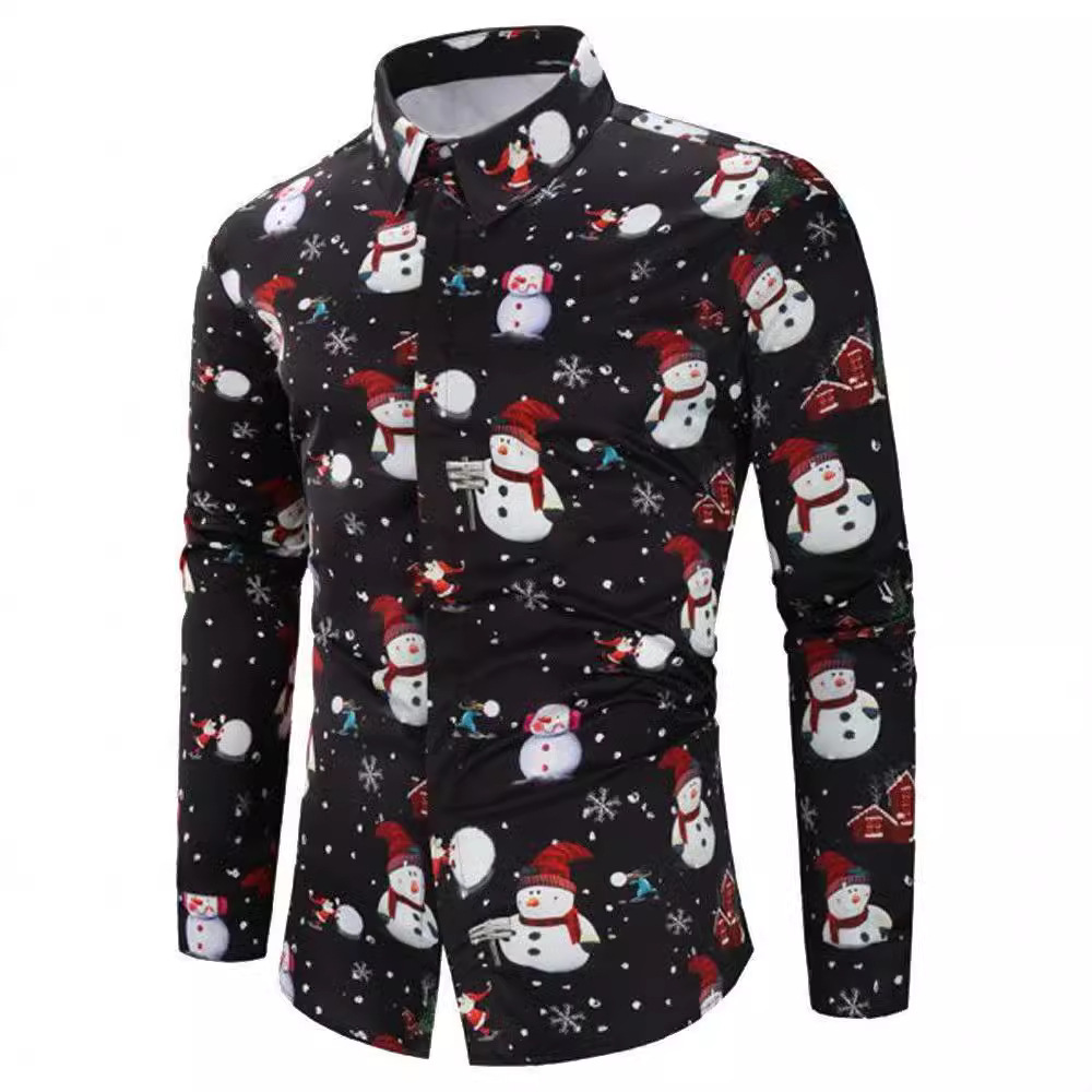 Chemise imprimée Père Noël à manches longues pour homme, style décontracté et polyvalent, 2024_voghion.com