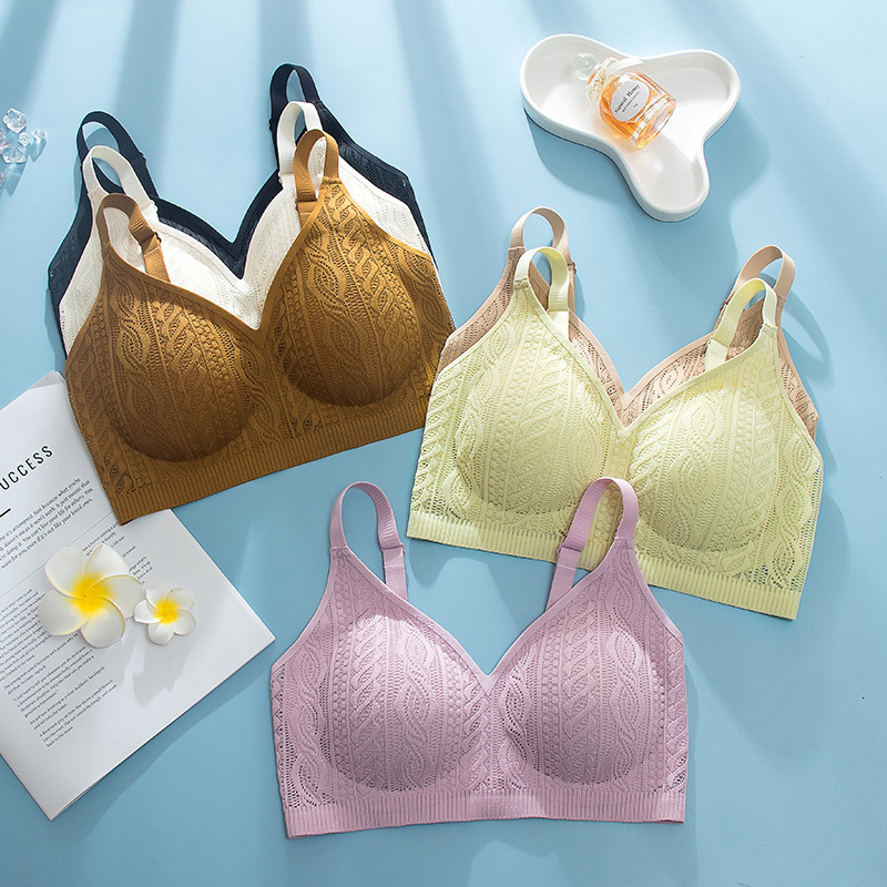 Lace mesh underwear big chest small anti-drooping push up wireless comfortable breathable seamless fixed cup bra