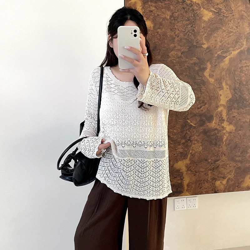 Plus-size women's vintage round-neck hollow-out knit sweater 2026 autumn thin loose pullover top for plus-size women 25115