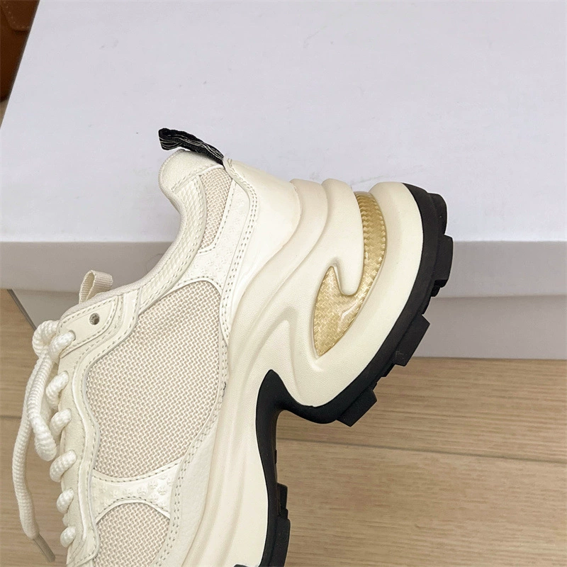 Кросс-флора толстая подошва, высота роботы, dad shoes для женщин, 2025 весна, новый универсальный повседневный мягкая кожаная сетка дышащие спортивные туфли