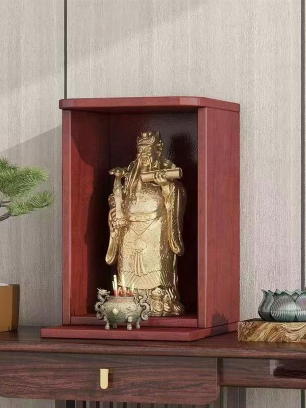 Home Altar for Buddha, Desktop Shrine for Buddha, Guanyin, and Guan Gong, Small Altar Table