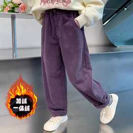 女童裤子秋冬款2024新款女孩秋装儿童一体加绒灯芯绒休闲童装冬装