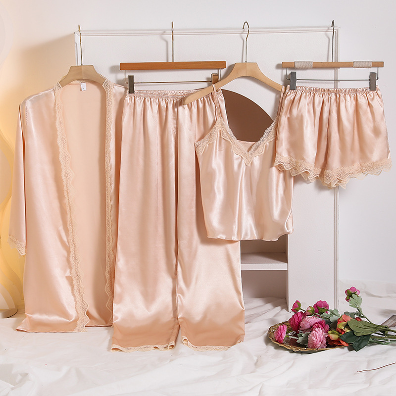 New Cross-Border Ice Silk Pajamas for Women, Imitation Silk Nightgown, Suspenders, Shorts and Trousers, Four-Piece Set, Summer Style European and American Home Clothes