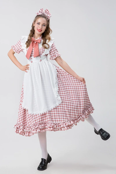 Dress with bow, hair accessory, apron
