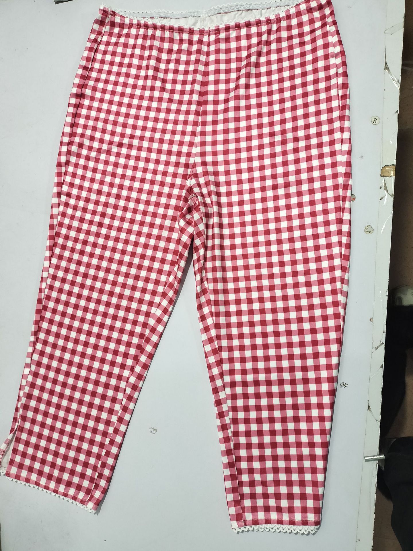 Women's Red Plaid Knit Stretch Leggings Casual Pants For Spring/Summer Style_ecoleips.com