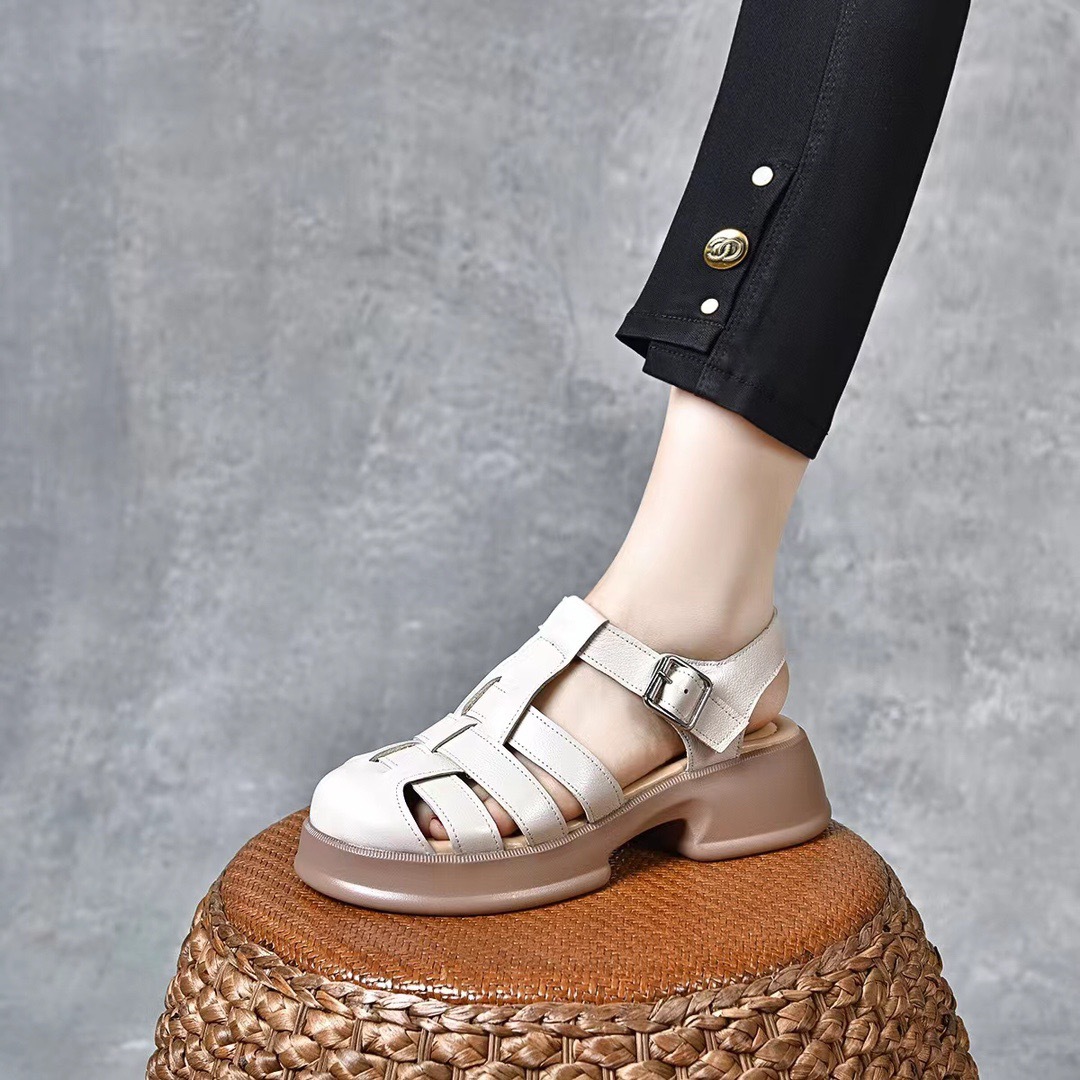 Sandal nữ đế dày da thật quai chữ V bọc mũi hở gót — Màu đen chi tiết 5