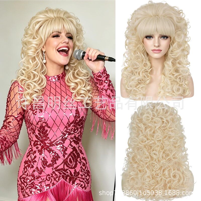 European and American 80S Female Singer Cosplay Wig, Golden Bangs, High Crown, Curly Hair, Dolly Parton Synthetic Fiber Wig