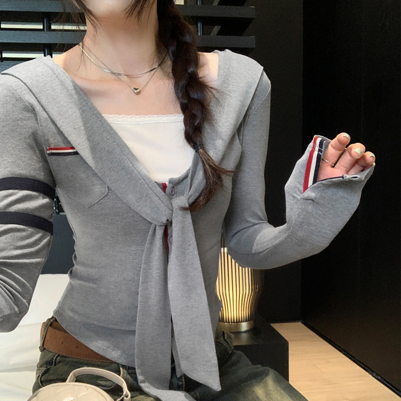 品牌同款韩系披肩V领长袖T恤女2025早秋新款修身显瘦独特设计感上|undefined