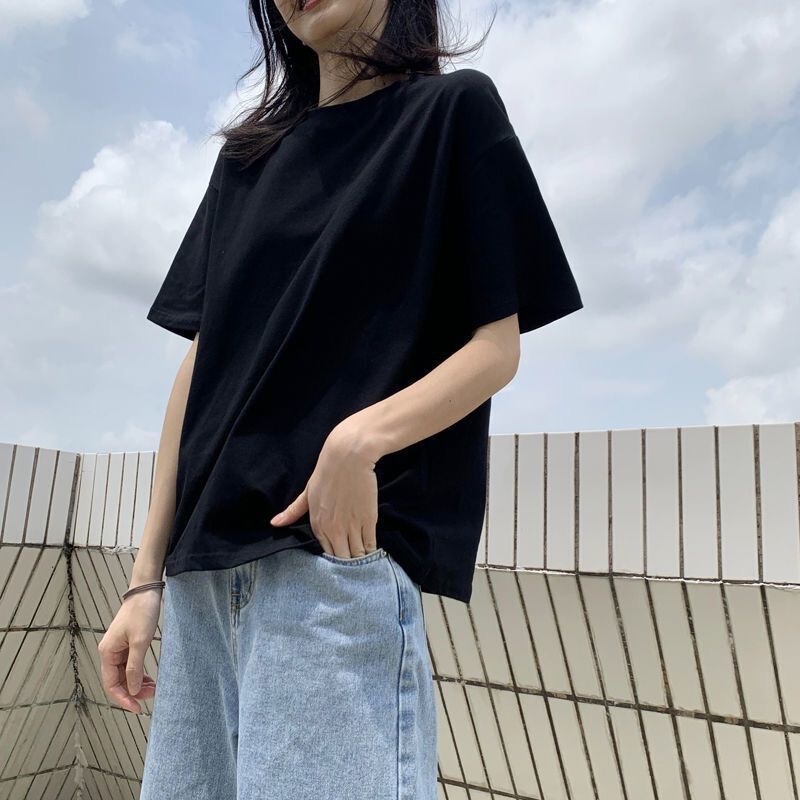 2025 Summer New Cotton Black 240G Short-sleeved T-shirt Women's White Joker Half-sleeved Loose T-shirt Top
