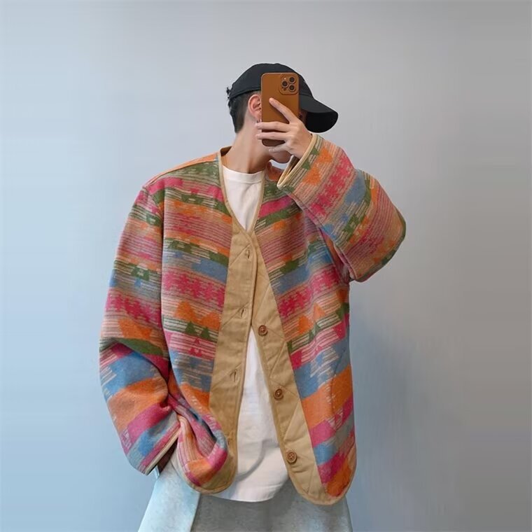 2025 Spring and Autumn New Retro Loose Ethnic Style Contrast Color Jacket Men's Casual V Neck Button Rainbow Jacket Trendy