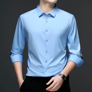 专柜高档桑蚕丝男士职业正装衬衣抗皱休闲纯色无痕百搭长袖男衬衫