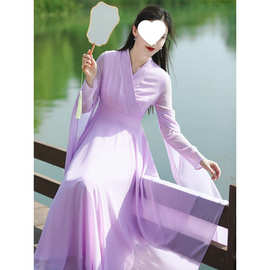 日常款改良汉服飘逸大摆跳舞长裙适合拍抖音的连衣裙古装仙女裙