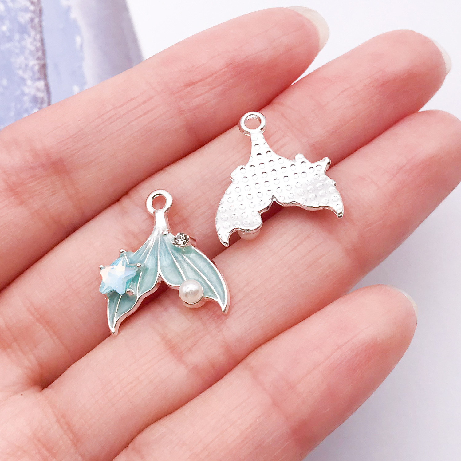1 white k lake blue oil dripping ocean point diamond starfish pearl fish tail 18x16x4mm-0.9g-28095