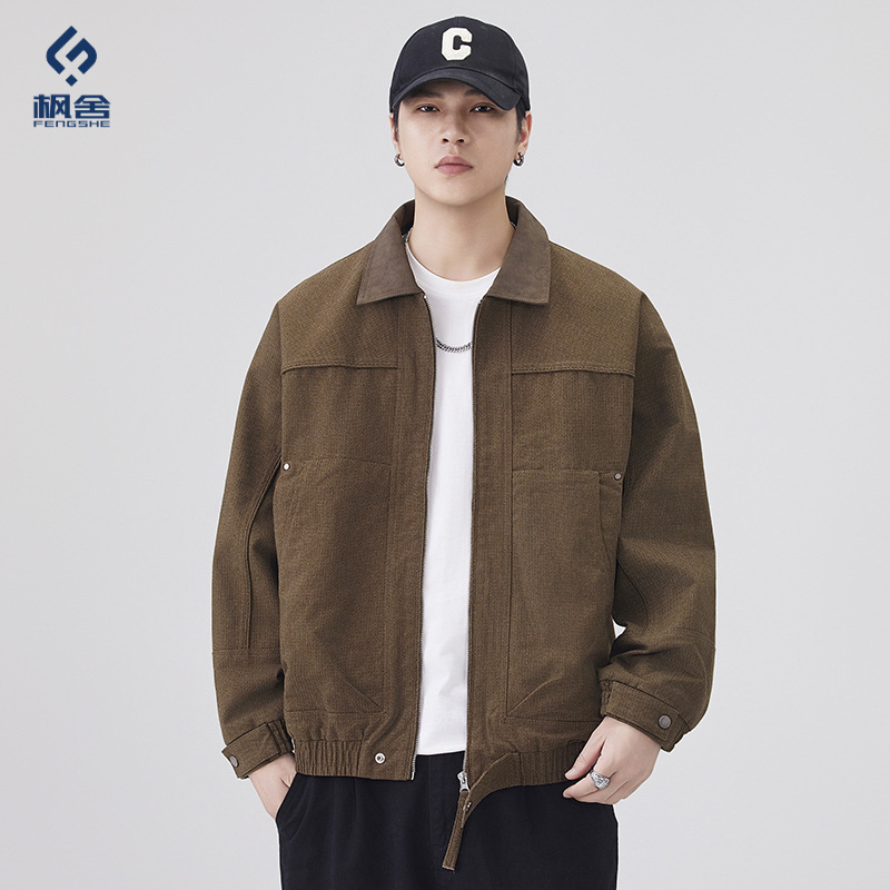 Fengshe Men's Clothing / British Gentleman Retro Workwear Turn-down Collar Jacket for Men, New Spring and Autumn Patchwork Loose Casual Coat Fengshe Men's Clothing / British Gentleman Retro Workwear Turn-down Collar Jacket for Men, New Spring and Autumn Patchwork Loose Casual Coat