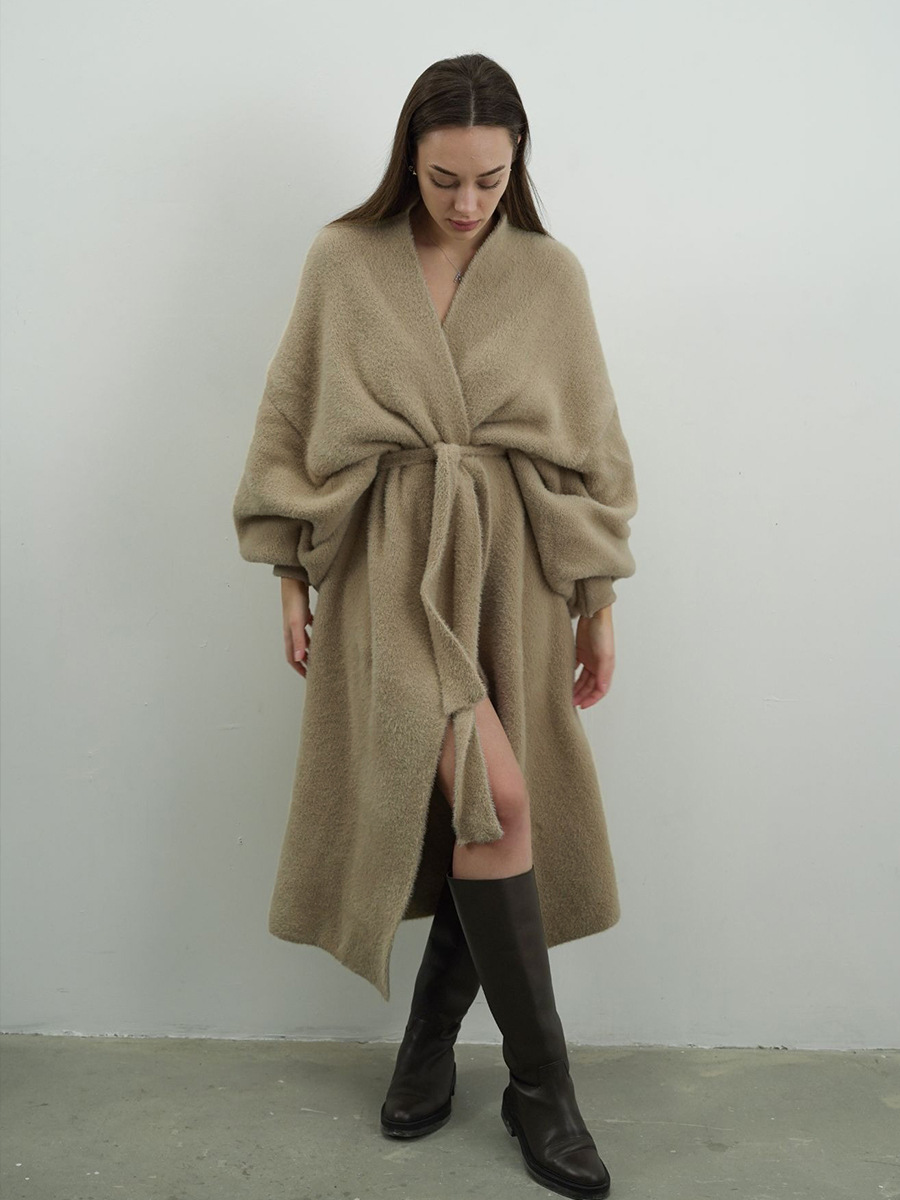 Cardigan de peluche transfronterizo suéter Europa y los Estados Unidos otoño y invierno 2026 nuevo cuello en V correa de cintura suelta abrigo de viento perezoso