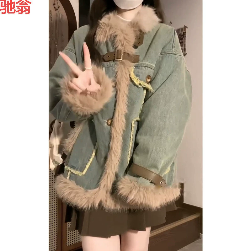 Джинсовая зимняя теплая ретро-куртка, oversize, стиль высокого качества