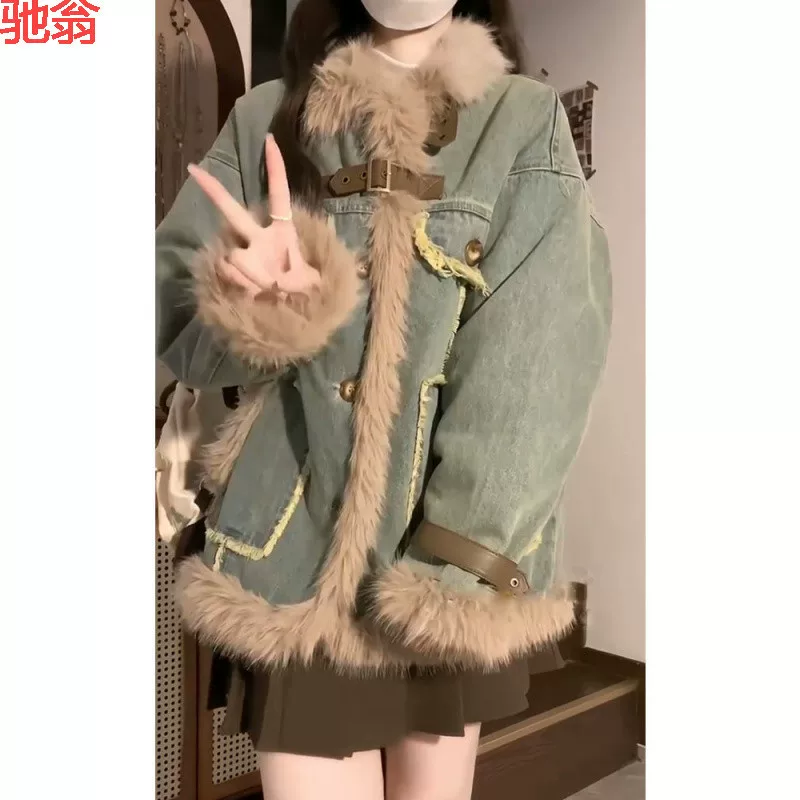 Джинсовая зимняя теплая ретро-куртка, oversize, стиль высокого качества