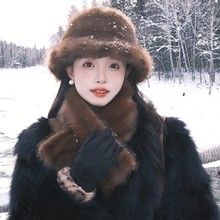 冬季软糯毛绒帽子围脖女新款毛茸茸仿貂毛两件套百搭加厚防寒保暖