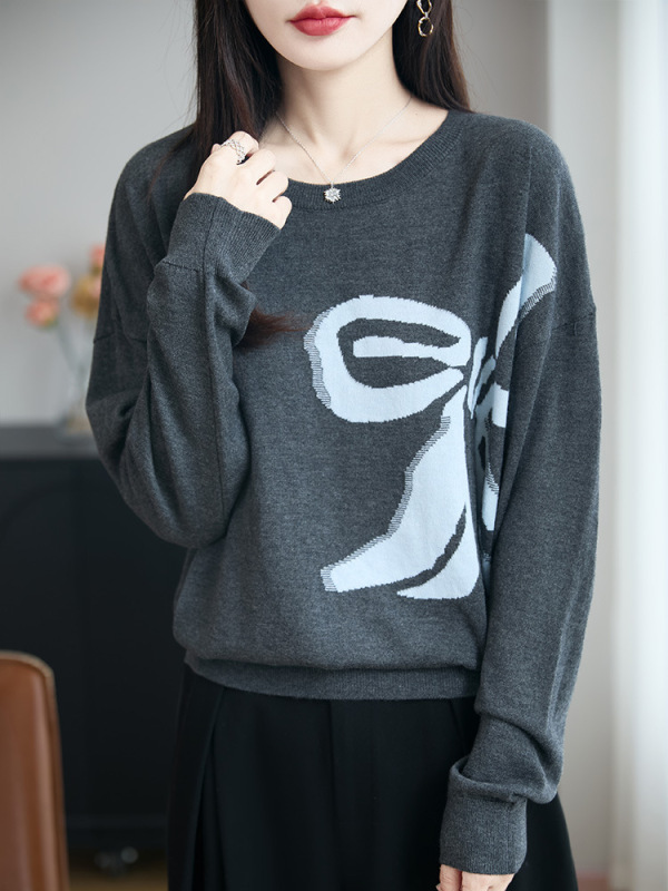 百搭蝴蝶结提花针织衫女圆领减龄宽松打底衫上衣精纺细毛长袖毛衣|undefined