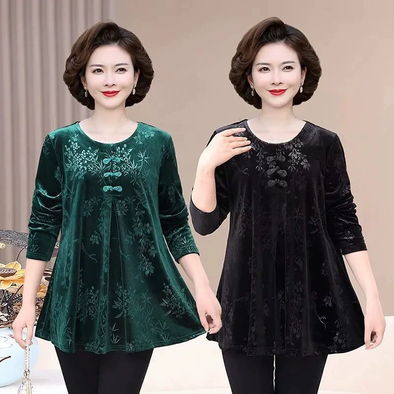 [Качество счетчика] Толстая мама большого размера золотая бархатная весенняя и осенняя футболка с длинными рукавами