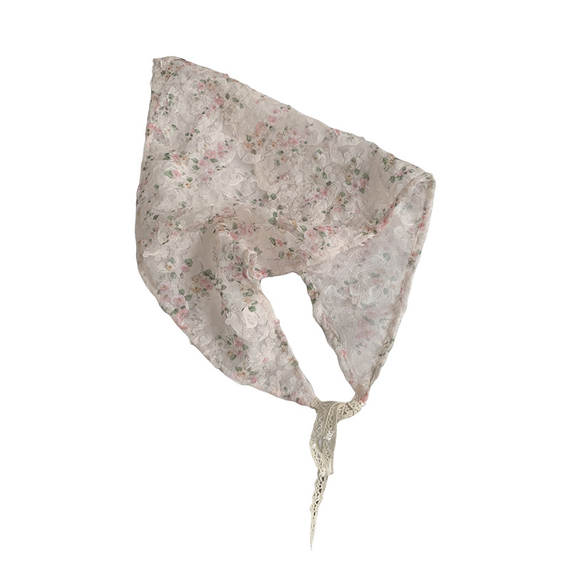 Bufanda triangular, bufanda de seda pequeña estampada para mujer, sentido avanzado, nueva versión coreana, bufanda pequeña de encaje decorativo, pañuelo en la cabeza, cinturón para el cabello, cabello atado