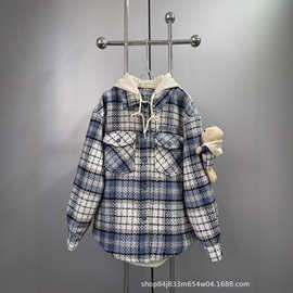 秋冬季新款欧美女装长袖宽松休闲服假两件蓝格子棉服含羊毛粗花呢