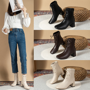 Women's boots 2023 autumn and winter New Martin boots high heel back zipper square toe chunky heel ankle boots casual fashion women's boots