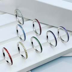 跨境爆品S925純銀鋯石戒指女彩色單排鑽排戒子疊戴指環廠家批