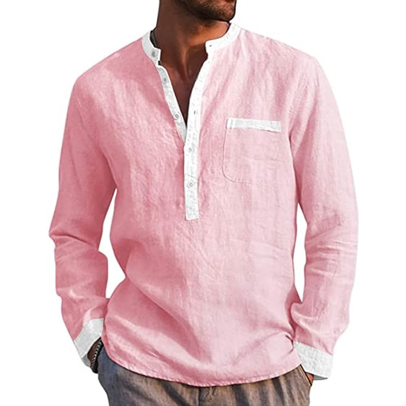 Camisa Henley de manga larga para hombres de temperamento transfronterizo europeo y americano de algodón y lino cómoda camisa de costura transpirable para hombres