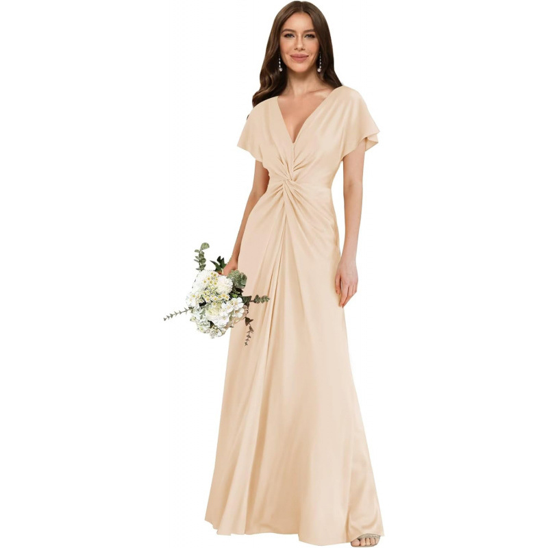 Europa y América transfronterizos 2026 verano nuevo satén de mangas cortas vestido de boda formal vestido de dama de honor