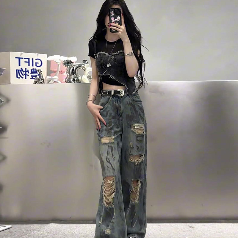 Extra Large Size 150kg Trendy Wasteland Style Splatter Paint Ripped Jeans Women's New Washed Straight-Leg Floor-Length Pants Extra Large Size 150kg Trendy Wasteland Style Splatter Paint Ripped Jeans Women's New Washed Straight-Leg Floor-Length Pants