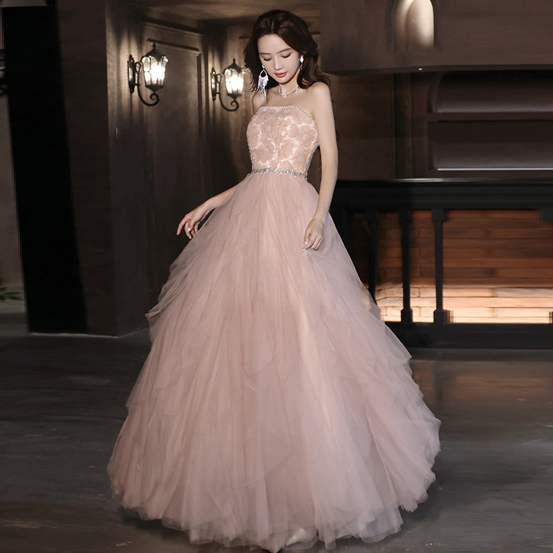 High-end tube top flower pink evening dress engagement toast dress annual meeting birthday party host performance dress long