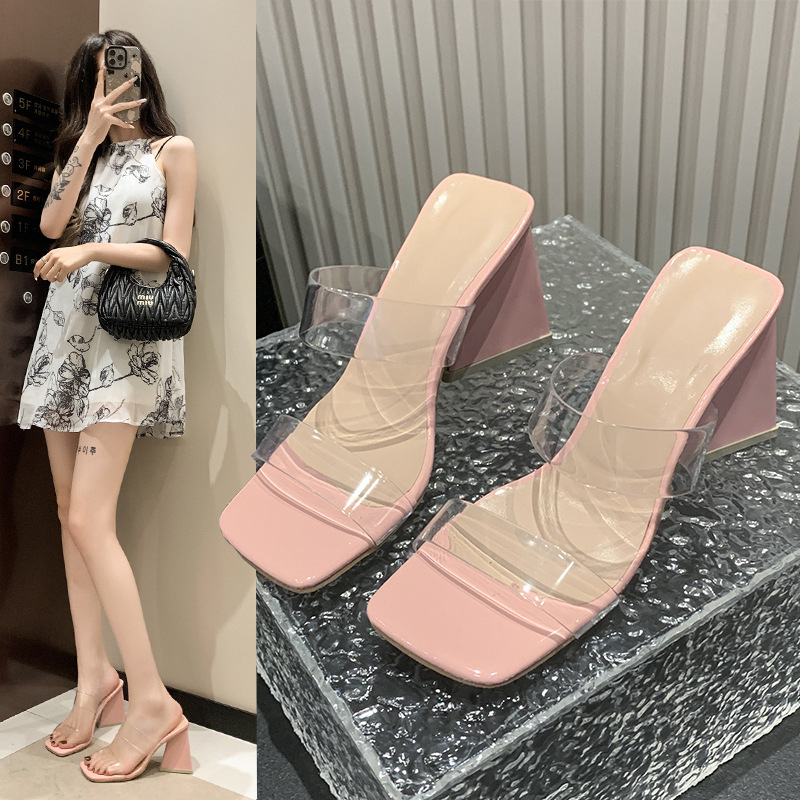 Temperament Socialite Makes You Look Taller, Show Your Legs and Longer Her Lady High Heels, Thick Heels, Light Pink Women's Shoes, Transparent Strap Sandals and Slippers