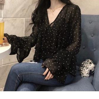 雪纺上衣女装防晒漂亮小衫短款波点显瘦衬衫喇叭长袖罩衫衬衣其他|undefined