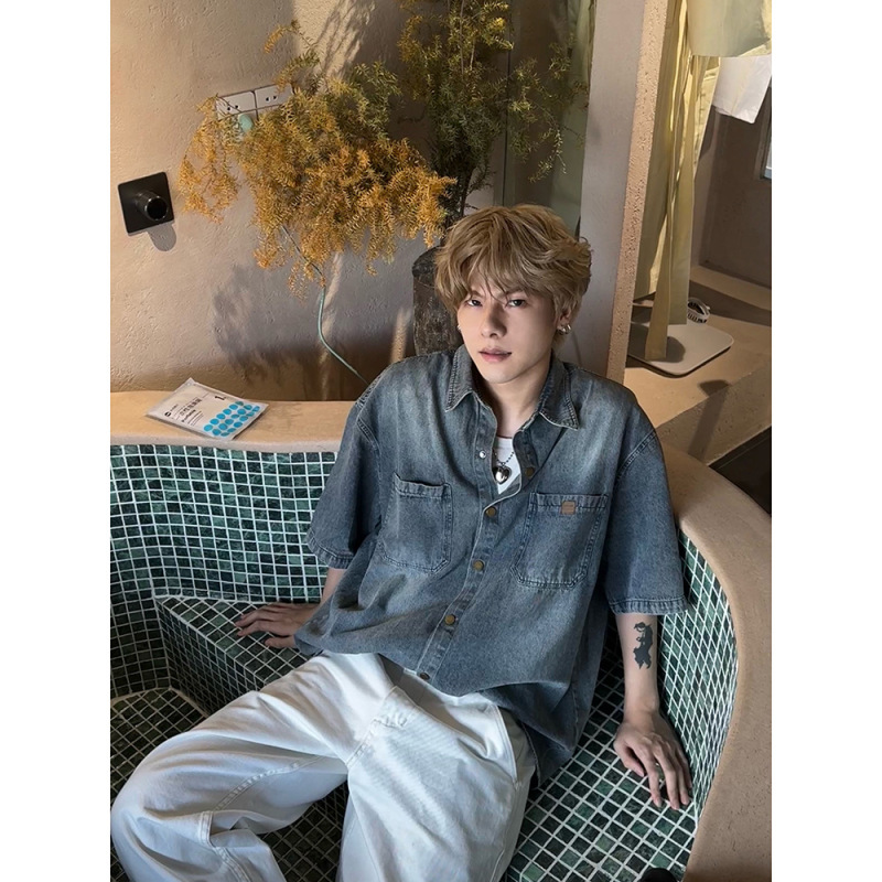 American Style Trendy Brand Niche Vintage Washing Water Denim Short-sleeved Shirt Men's Summer New Japanese Style Loose Casual Top Trendy American Style Trendy Brand Niche Vintage Washing Water Denim Short-sleeved Shirt Men's Summer New Japanese Style Loose Casual Top Trendy