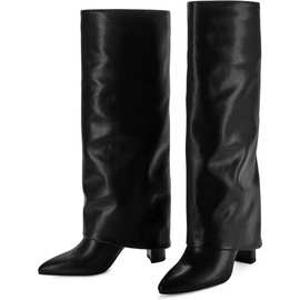 秋冬新款及膝靴女式折叠及膝高筒靴粗跟长靴拉链尖头连衣裙高筒靴