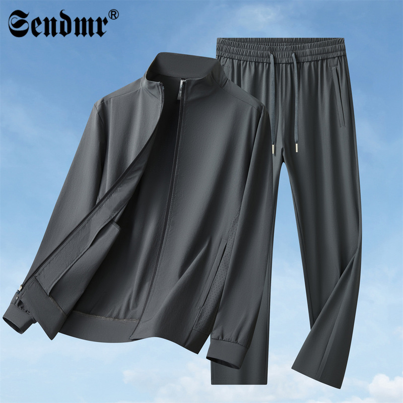 Summer Men's Stand-Up Collar Sun Protection Cardigan Ice Silk Sports Suit Men's Jacket Long-Sleeved Casual Two-Piece Set for Middle-Aged and Elderly People