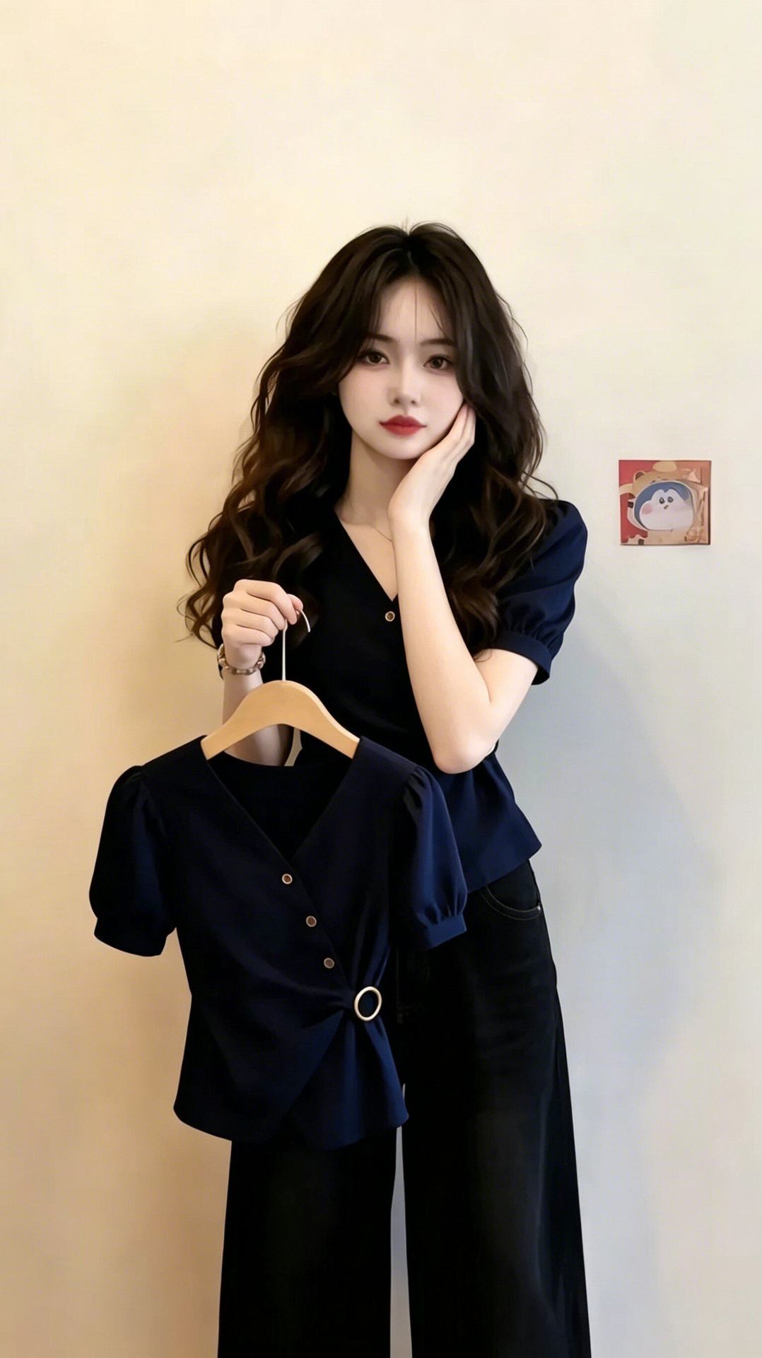 Áo sơ mi nữ cổ V tay ngắn thiết kế thời trang ôm dáng A1208 — Xanh lông mòng đen chi tiết 4