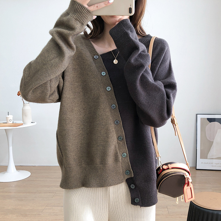 现货不规则小开衫设计感撞色长袖针织衫女韩版宽松显瘦毛衣打底衫
