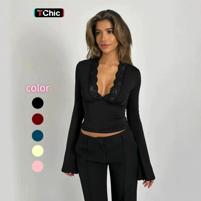 2026 Summer New Arrival: Sweet and Spicy Solid Color Lace Patchwork Tight Low-Neck Open-Breasted Slight Flare Top on AliExpress 2026 Summer New Arrival: Sweet and Spicy Solid Color Lace Patchwork Tight Low-Neck Open-Breasted Slight Flare Top on AliExpress