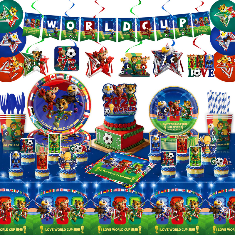Amazon's New Football World Cup Mascot Party Tableware Set Eagle Deer Tiger Holiday Decoration Flag Paper Plates