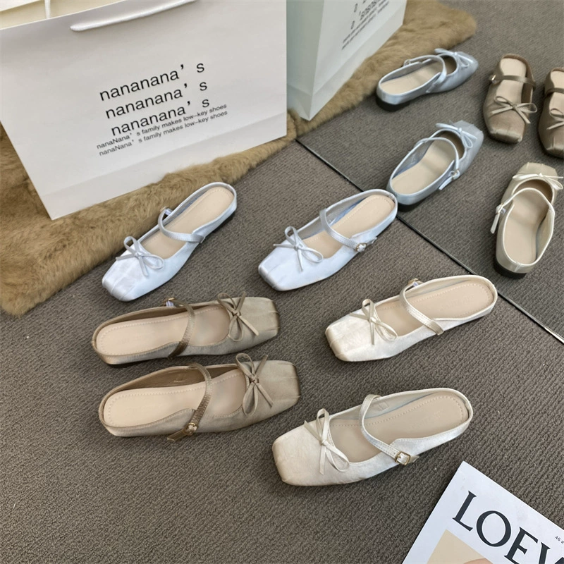 XINZHOU 2025 Spring New Style Temperature Satin Bread-toe Half Slippers Wear Women's Shoes with Bow Square Toe Flat Sole Cool